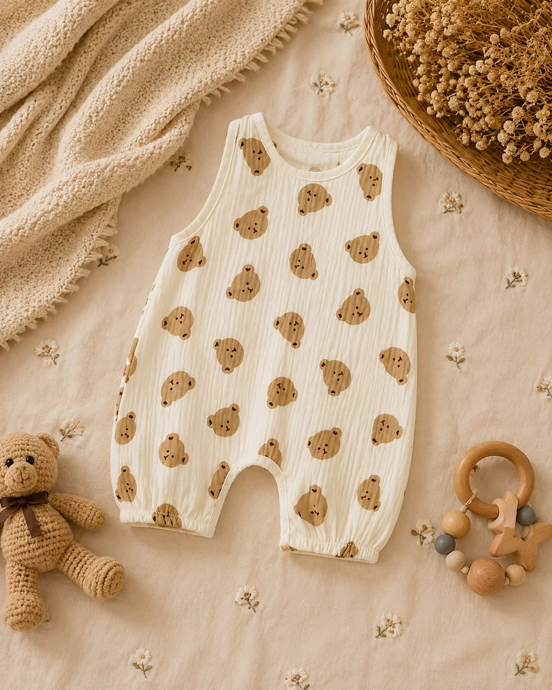 Cute Teddy Bear Cotton Baby Romper – Sleeveless Summer Outfit