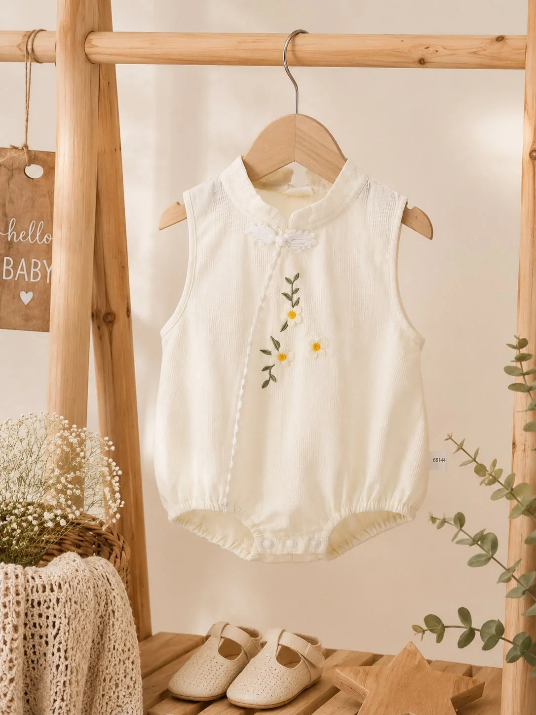 Elegant Floral Embroidered Baby Romper – Ivory White