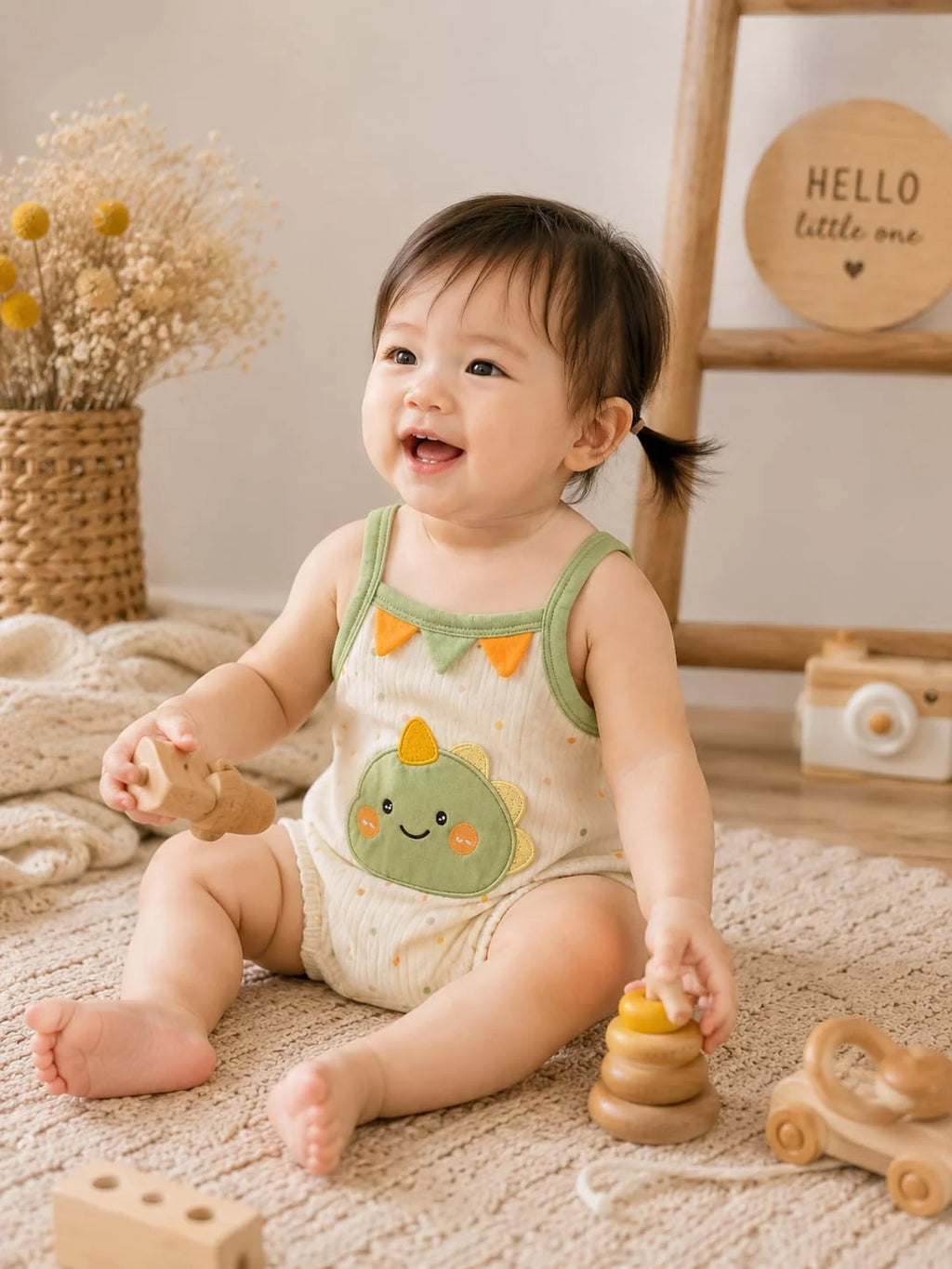 Cute Dinosaur Appliqué Baby Romper – Sage Green & Cream