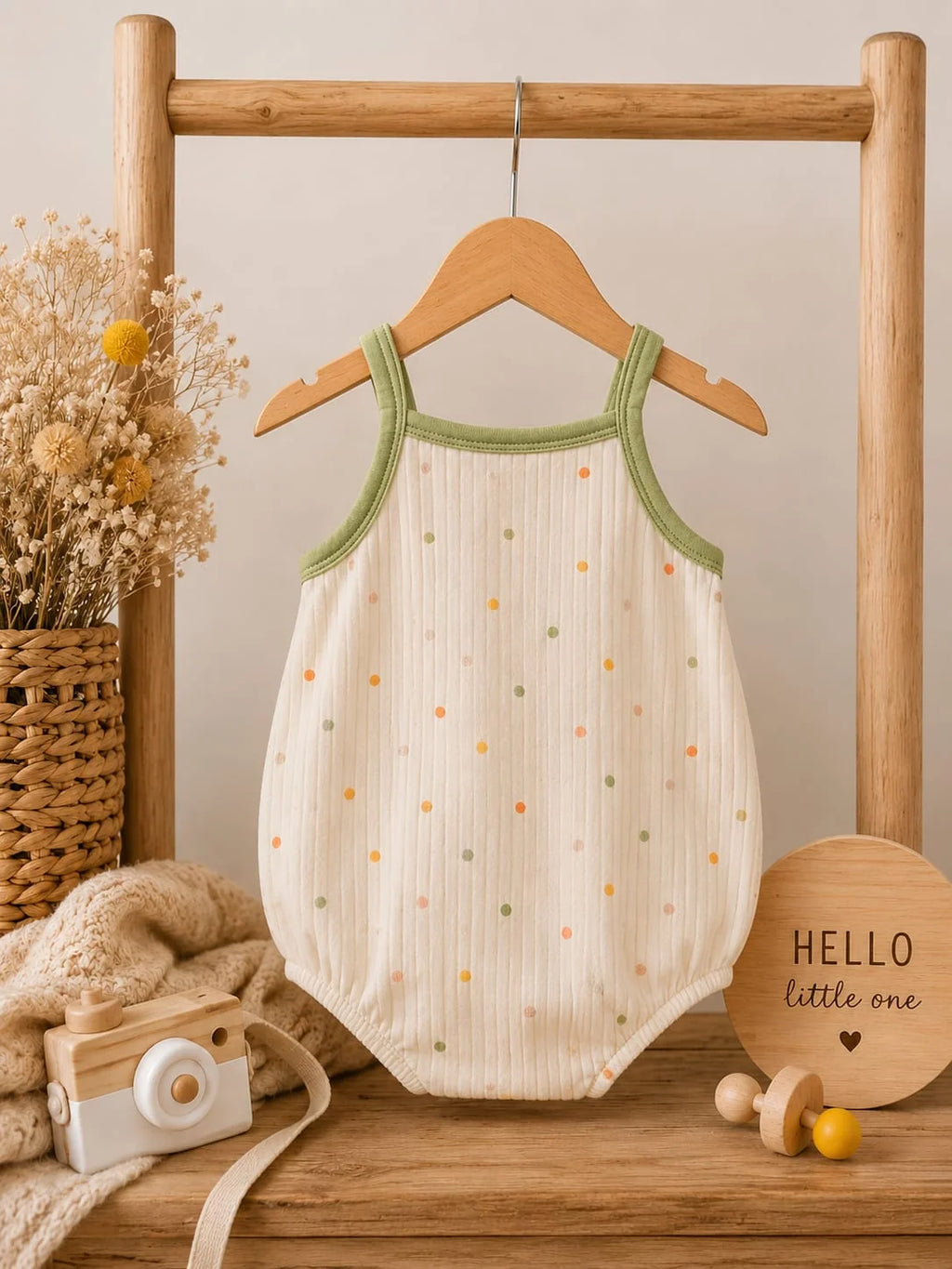 Cute Dinosaur Appliqué Baby Romper – Sage Green & Cream