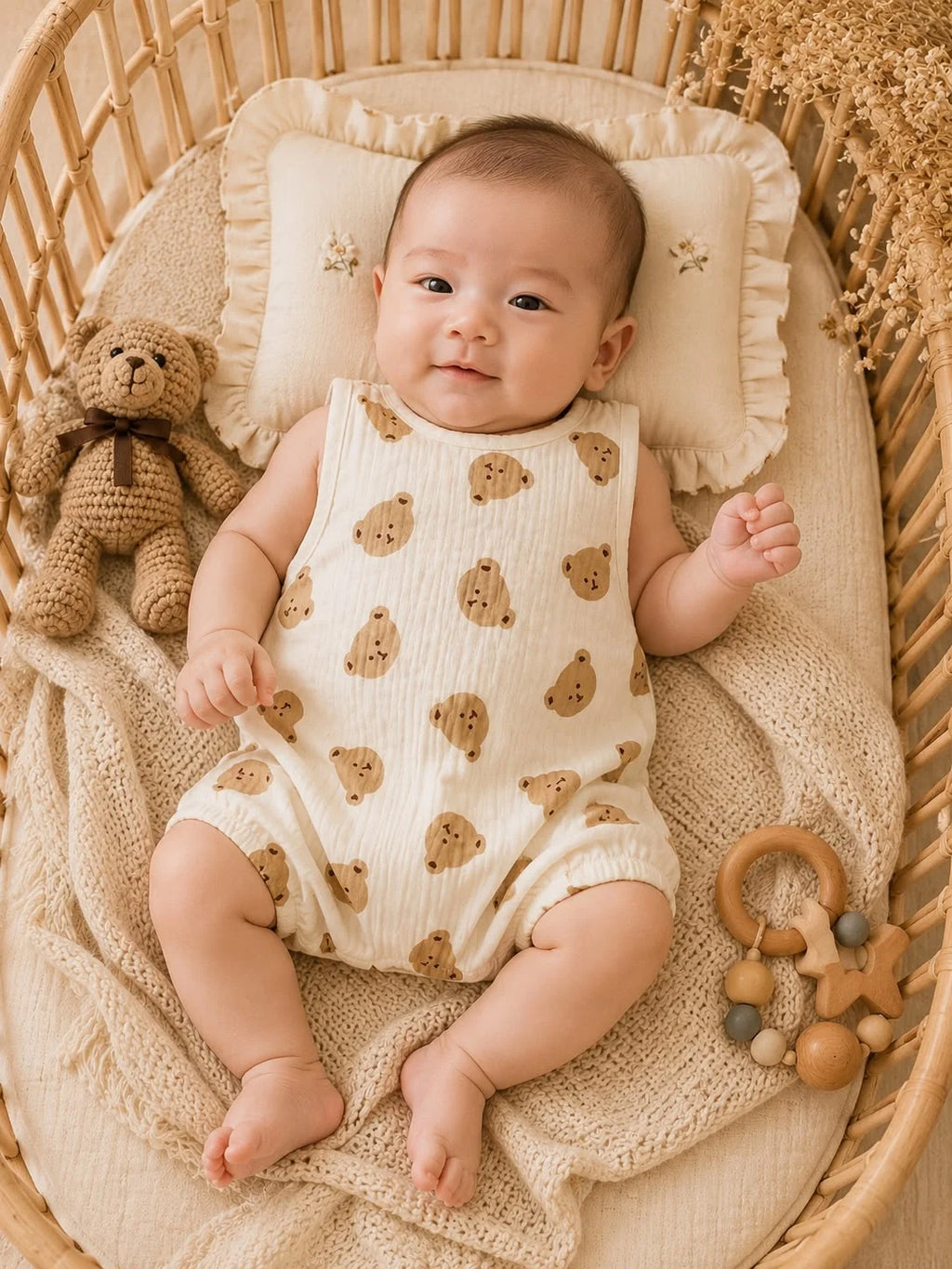 Cute Teddy Bear Cotton Baby Romper – Sleeveless Summer Outfit