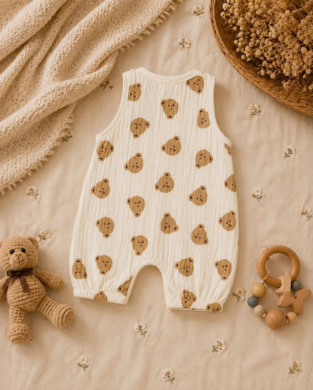 Cute Teddy Bear Cotton Baby Romper – Sleeveless Summer Outfit