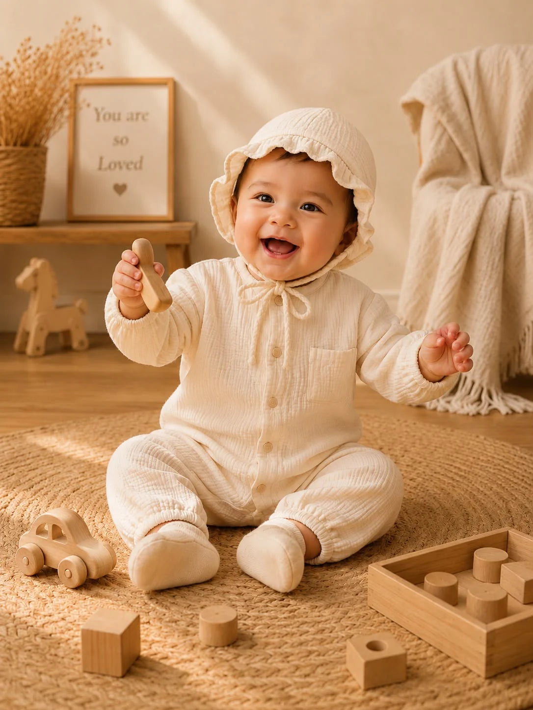 Premium Cotton Muslin Baby Romper with Matching Bonnet – Ivory White