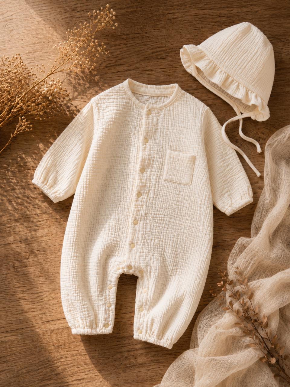 Premium Cotton Muslin Baby Romper with Matching Bonnet – Ivory White