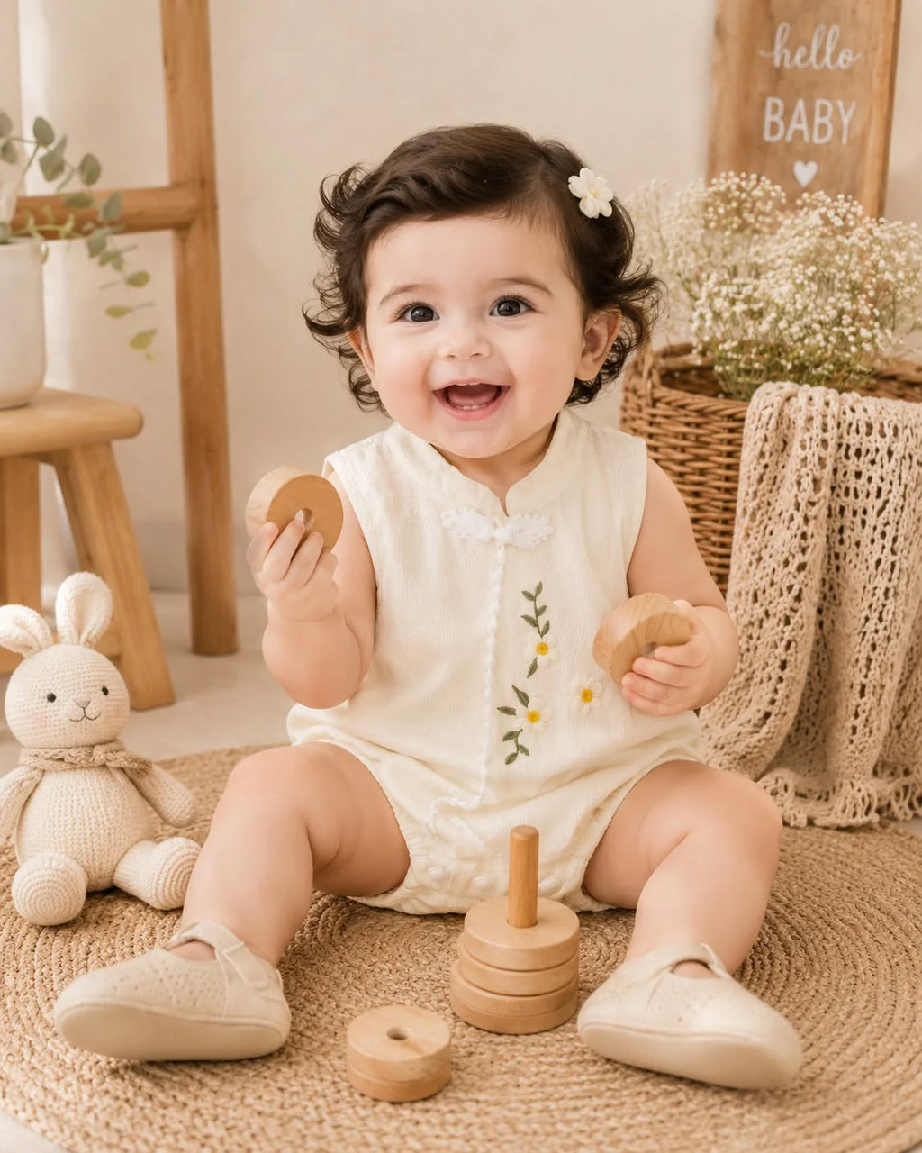 Elegant Floral Embroidered Baby Romper – Ivory White