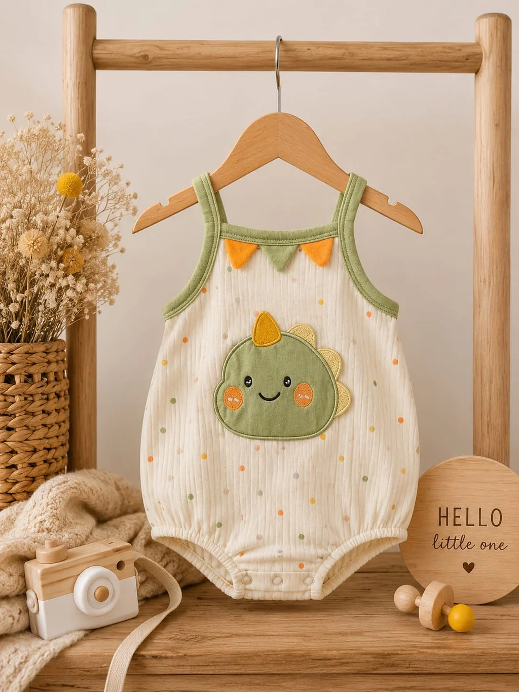 Cute Dinosaur Appliqué Baby Romper – Sage Green & Cream