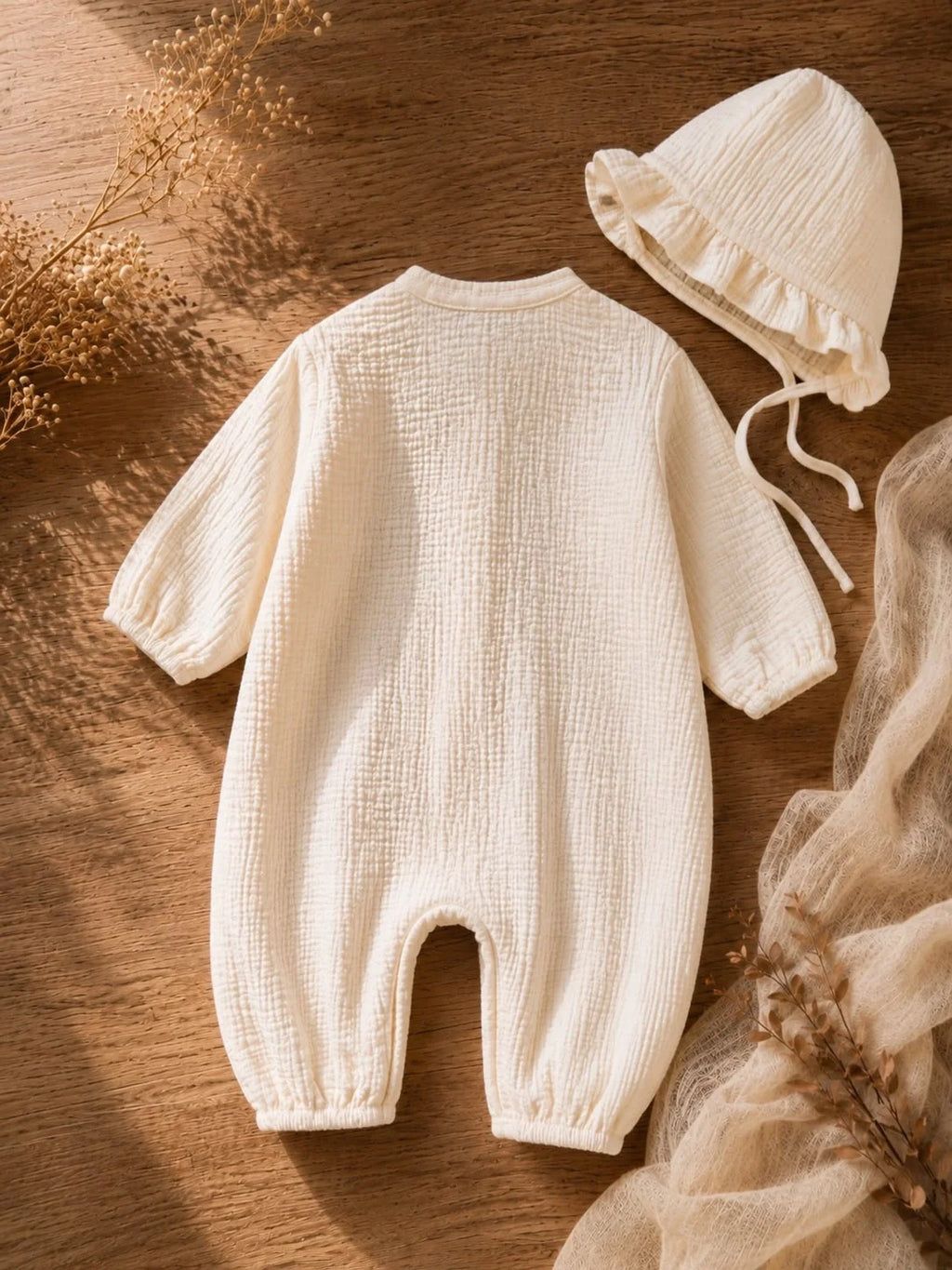 Premium Cotton Muslin Baby Romper with Matching Bonnet – Ivory White