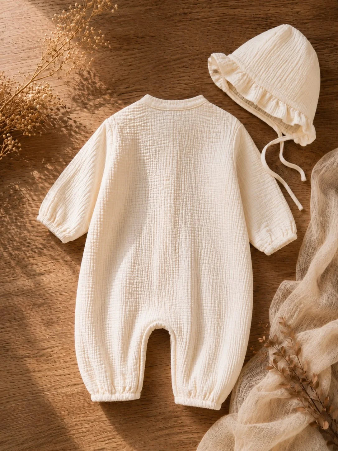 Premium Cotton Muslin Baby Romper with Matching Bonnet – Ivory White