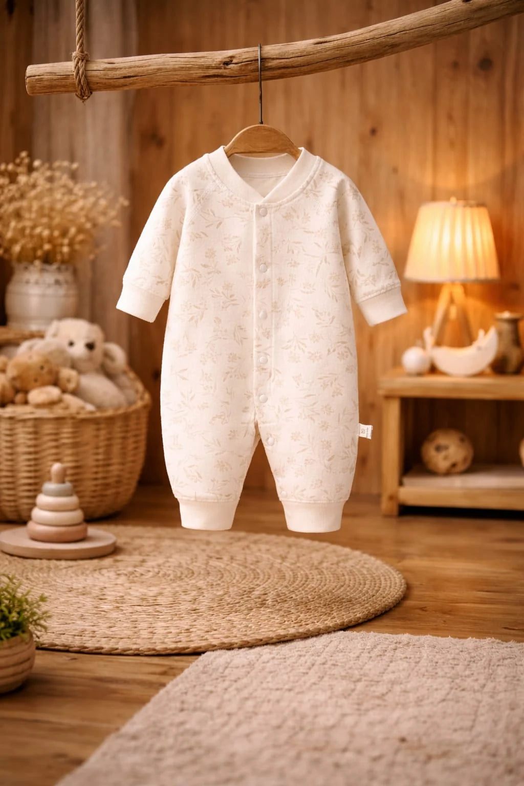 Cream Floral Printed Baby Sleepsuit