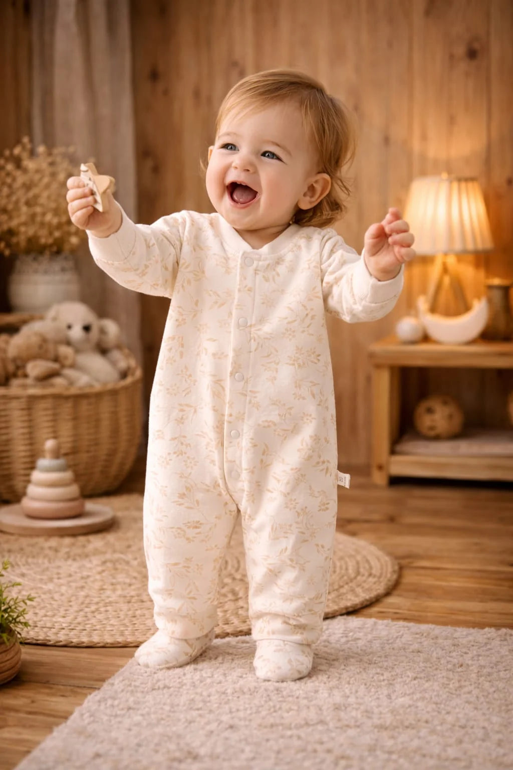 Cream Floral Printed Baby Sleepsuit