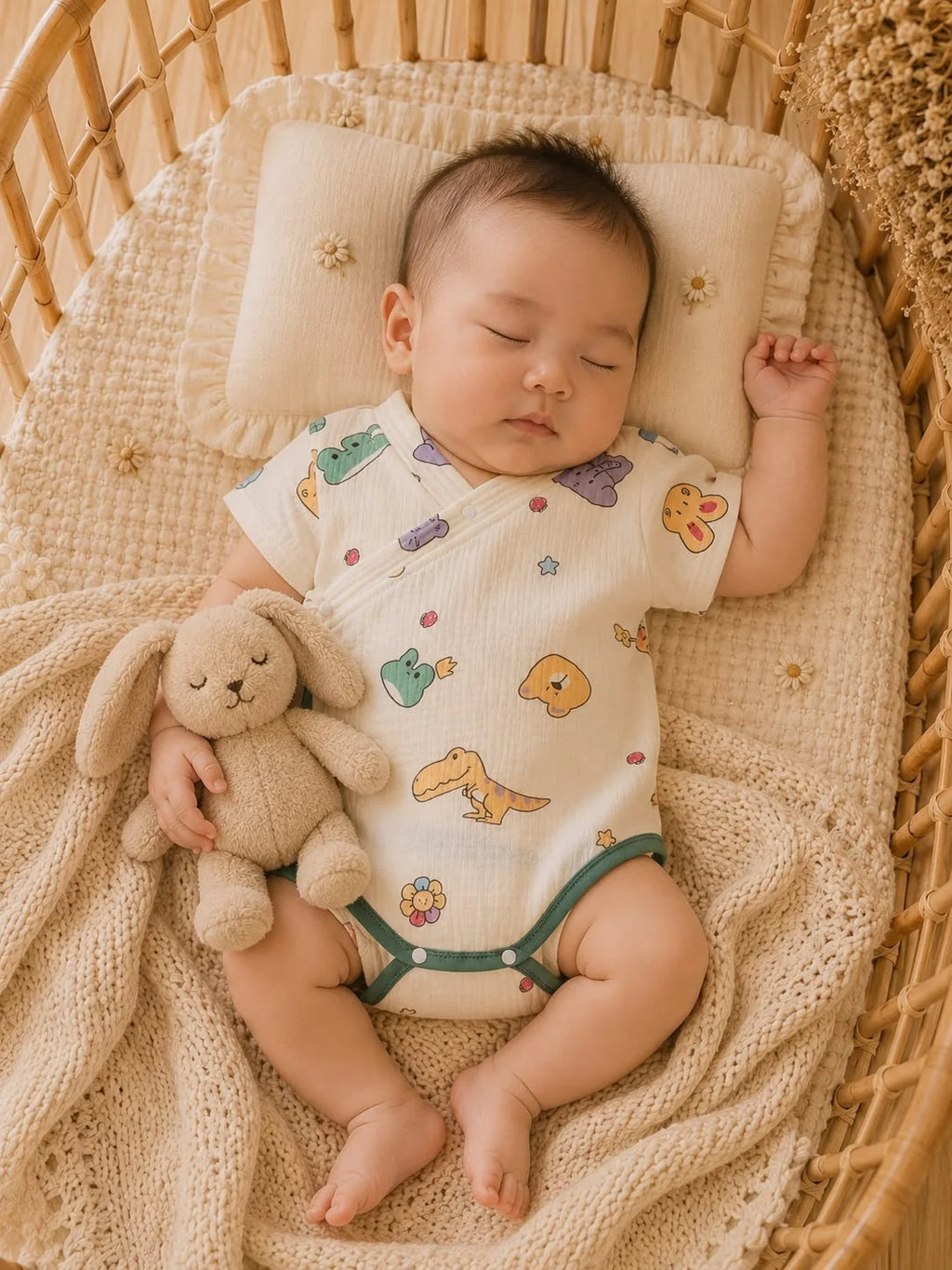 Summer Baby Muslin Dinosaur Print Kimono Bodysuit – Soft Wrap Outfit